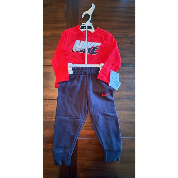 Nike Boys Two-Piece Set Red Long-Sleeve Shirt & Blue Pants Logo Swoosh - Picture 3 of 10